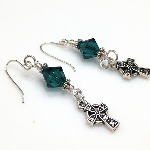 Women’s Cross Earrings, Wrapped Earrings, Green Swarovski Beads - Picture 7 of 7